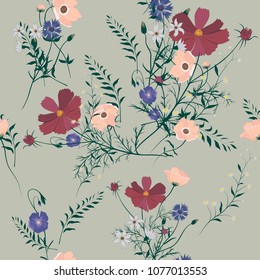 Seamless pattern with meadow wild flowers and plants. 