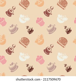 
Seamless pattern of meal icons, fast food and coffee print,  for wrapping paper, wallpaper, fabric pattern, backdrop, gift wrap, cover of notebook, envelope
