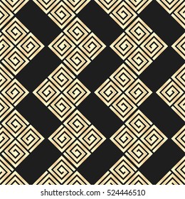Seamless pattern meander ornament. Black and golden textile print. Greece vector design. Greek glittering tiles.
