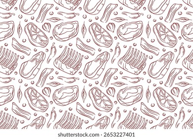 Seamless pattern with meat cut, bacon, ribs, steak, chili pepper garlic, onion and herb leaf in red line art style on white background. Ideal for butcher shop, packaging and culinary design theme.
