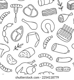 Seamless pattern of meat doodle. Sausages, steaks, ribs, pork, beef in sketch style. Hand drawn vector illustration