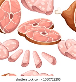 Seamless pattern of Meat product collection sausages smoked meat ham and and sliced pieces flat vector illustration isolated on white background with place for your text web site page and app design.