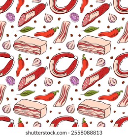 Seamless pattern of meat product sausage, bacon and salami in flat style. Ideal for food branding, butcher shop design and restaurant menu.