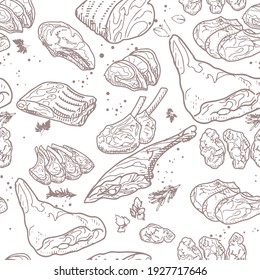 Seamless pattern of meat products. Beef, pork, lamb. Vector illustration in the sketch style.