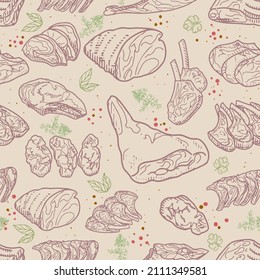 Seamless pattern of meat products. Beef, pork, lamb. Vector illustration in the sketch style.