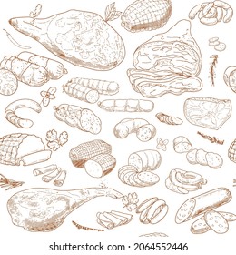 Seamless Pattern of meat products and meat delicacies. Sausages, ham, bacon, lard, salami in sketch style. Background for printing butcher shop packaging