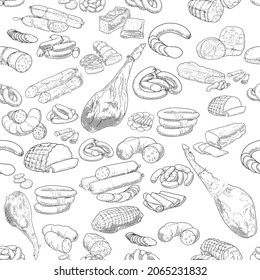 Seamless Pattern of meat products and meat delicacies. Sausages, ham, bacon, lard, salami in sketch style. Background for printing butcher shop packaging