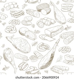 Seamless Pattern of meat products and meat delicacies. Sausages, ham, bacon, lard, salami in sketch style. Background for printing butcher shop packaging