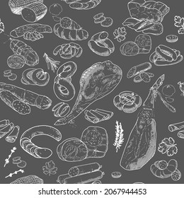 Seamless Pattern of meat products and meat delicacies. Sausages, ham, bacon, lard, salami in sketch style. Background for printing butcher shop packaging