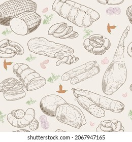 Seamless Pattern of meat products and meat delicacies. Sausages, ham, bacon, lard, salami in sketch style. Background for printing butcher shop packaging