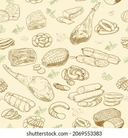 Seamless Pattern of meat products and meat delicacies. Sausages, ham, bacon, lard, salami in sketch style. Background for printing butcher shop packaging