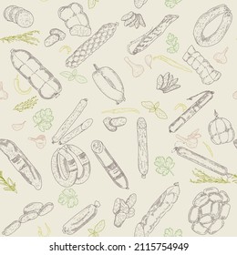 Seamless pattern of meat products and meat delicacies. Sausages, ham, bacon, lard, salami in sketch style.