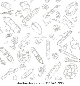 Seamless pattern of meat products and meat delicacies. Sausages, ham, bacon, lard, salami in sketch style.