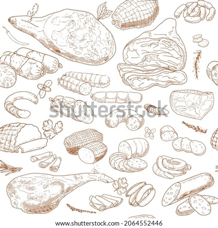 Seamless Pattern of meat products and meat delicacies. Sausages, ham, bacon, lard, salami in sketch style. Background for printing butcher shop packaging