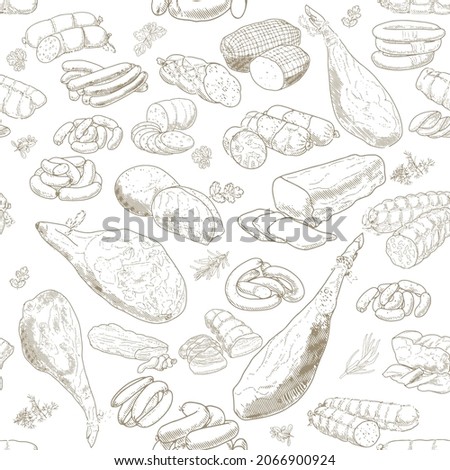 Seamless Pattern of meat products and meat delicacies. Sausages, ham, bacon, lard, salami in sketch style. Background for printing butcher shop packaging