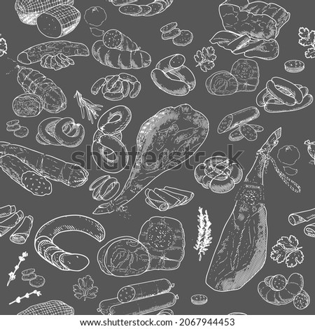Seamless Pattern of meat products and meat delicacies. Sausages, ham, bacon, lard, salami in sketch style. Background for printing butcher shop packaging