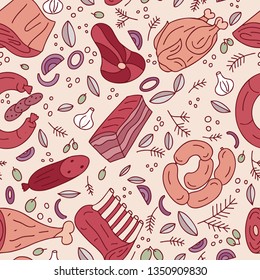 Seamless pattern with meat products. Fresh knuckle, lamb ribs, chicken, vegetables and herbs. Food design. Hand drawn illustration.