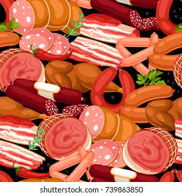 Seamless pattern with meat products. Illustration of sausages, bacon and ham.