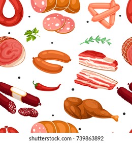 Seamless pattern with meat products. Illustration of sausages, bacon and ham.