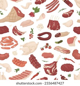 Seamless pattern with meat products and vegetables. Fresh chicken, beef, pork fillet  and sausages. Concept for farms and food markets. Vector illustration isolated on white background.