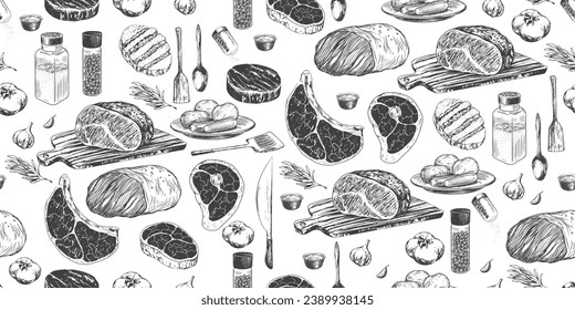 Seamless pattern with meat. Sketch style steak. Hand drawn ribeye steak, pork ham. Roast beef on cutting board. Bone in ribeye steak. Grilled meat. Spice jars, knife, kitchen utensils. Kitchenware