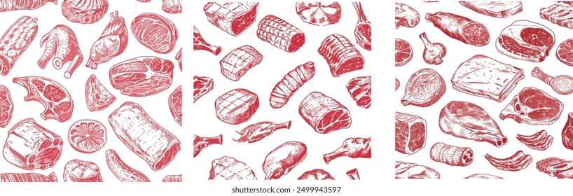 Seamless pattern of meat, steak, beef, pork, lamb and sausages drawn by hand.