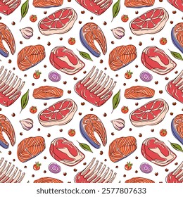 Seamless pattern with meat steak and fish cut, herbs, and vegetable in flat style. Perfect for culinary design, packaging, background, menu and kitchen theme.