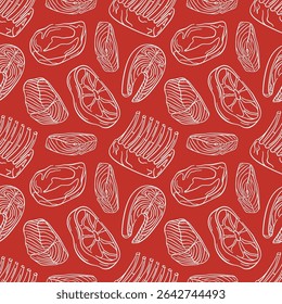 Seamless pattern with meat steak and salmon fish cut in line art style on red background. Perfect for culinary design, delivery packaging, grocery wallpaper and kitchen menu.