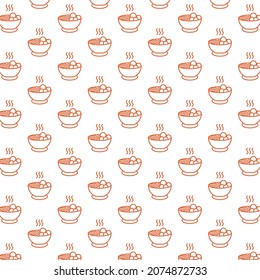 Seamless pattern of meatball noodles in white background with mini doodle (icon). Vector Illustration