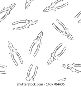 Seamless pattern of mechanical pliers drawing with black contour path isolated on white background