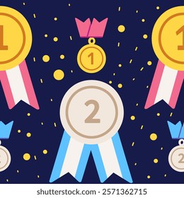 Seamless pattern with medals and ribbons in gold, silver, and bronze arranged in a decorative layout. Perfect for competition themes, awards, or event branding. Vector illustration