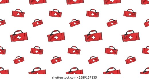 Seamless pattern with medical bag emergency first aid kit doodle vector