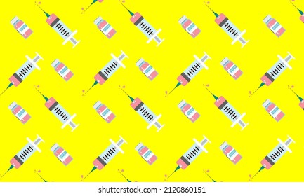 Seamless pattern with medical Covid-19 elements. Vaccine and syringe on yellow background. Flat illustration for logo, mobile, app, banner, web design, dev, ui, ux, gui. Vector EPS 10