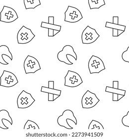 Seamless pattern of medical cross inside of shield, tooth, cancer ribbon is made of line icons 