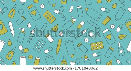 Seamless pattern of Medical drugs icons, medkit items, cover for pharmacy or hospotal wallpaper in blue and white with green accent color