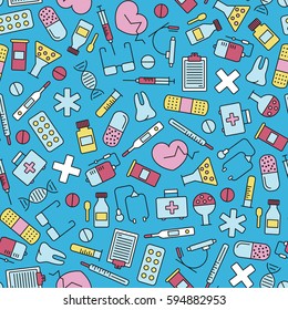 seamless pattern with medical elements. colorful on blue background