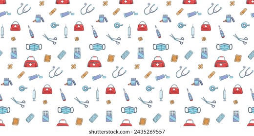 Seamless pattern with medical equipment doodle vector