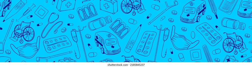 Seamless pattern with medical equipment. Hand drawn first aid doodles on blue background. Vector illustration.