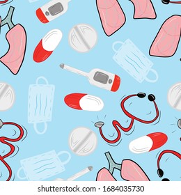Seamless pattern with medical equipment on blue background. Vector hand drawn illustrations in cartoon flat style. Design for print, textile, wrapping paper, scrapbooking paper, packages, posters