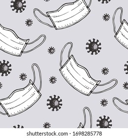 Seamless pattern with medical face mask. Pandemic Сoronavirus COVID-19, 2019-nCoV pattern concept. Hand Drawn vector illustration.