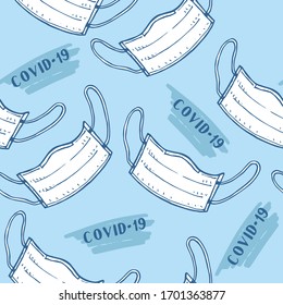 Patrón sin problemas con mascarilla médica. Pandemia С oronavirus COVID-19, 2019-nCoV concepto de patrón. Ilustración vectorial dibujada a mano.
