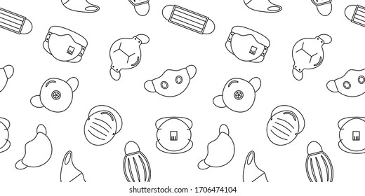 Seamless pattern of medical face masks. The pattern consists of icons of various masks in the style of a thin line, white background.Prevention of viral respiratory diseases.