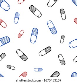 Nahtlose Muster der medizinischen Flachzeilensymbole. Medizin- und Pharmazie-Elemente umreißen Symbole einzeln auf weißem Hintergrund. Apothekensymbole Set von Erste Hilfe Kit, Thermometer, Vitamine. Endloses Muster