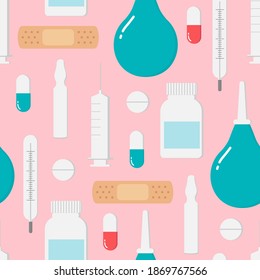 Seamless pattern of Medical flat line icons. Medicine and Pharmacy elements outline icons isolated on pink background.