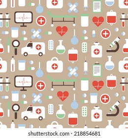 Seamless pattern of medical and health vector colorful icons set. Design elements. Illustration in flat style.