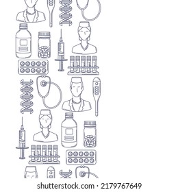 Seamless pattern with medical and healthcare items. Equipment for pharmacies and hospitals.