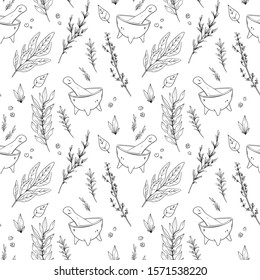 Seamless pattern with medical herbs, mortar and pestle. Rosemary, sage, thyme, bay etc. Hand drawn black ink vector illustration.
