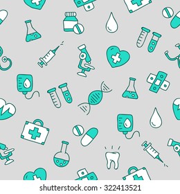 Seamless pattern of medical icon on a gray background, hand-drawn. Vector.