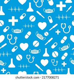 Seamless pattern medical icons, clinic vector illustration. Hospital thin line signs - thermometer, check up, diagnostic, microscope, stethoscope. Cute repeated texture for business presentation