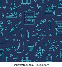 Seamless Pattern Medical Icons, Clinic Vector Illustration. Hospital Thin Line Icons - Thermometer, Check Up, Diagnostic, Microscope, Stethoscope. Cute Repeated Texture For Business Presentation.